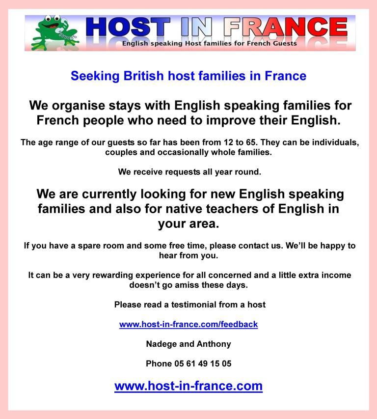 Host in France - seeking British host families in France to teach English to French people
